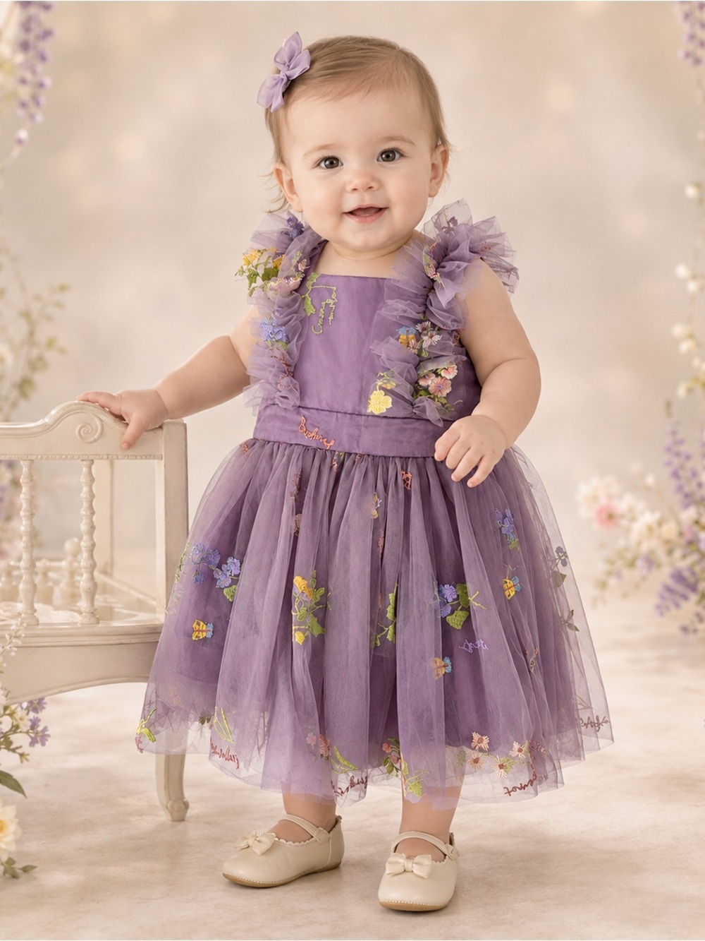 IMEKIS Girls Purple Embroidered Tulle Floral Dress Size 80 12M NWT